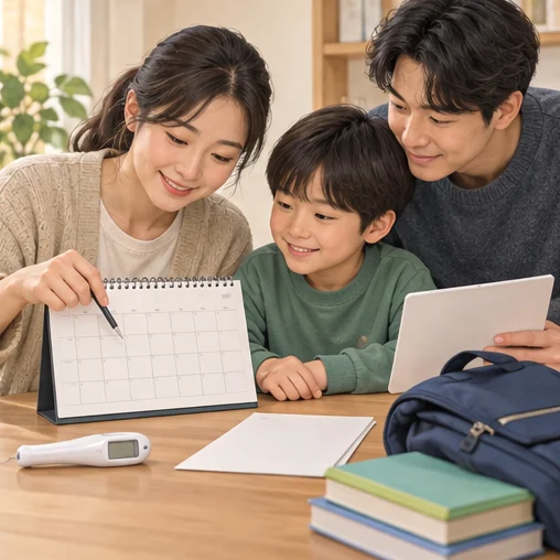 회복 상태와 안내를 확인하며 복귀 일정을 상의하는 가족 (AI 설명용 삽화)