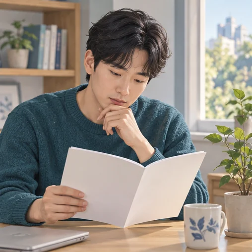 건강 안내 책자를 읽으며 인플루엔자의 기본 개념을 알아보는 장면 (AI 설명용 삽화)