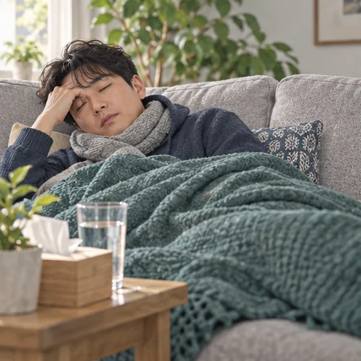 목도리와 담요를 두르고 소파에서 쉬는 장면 (AI 설명용 삽화)