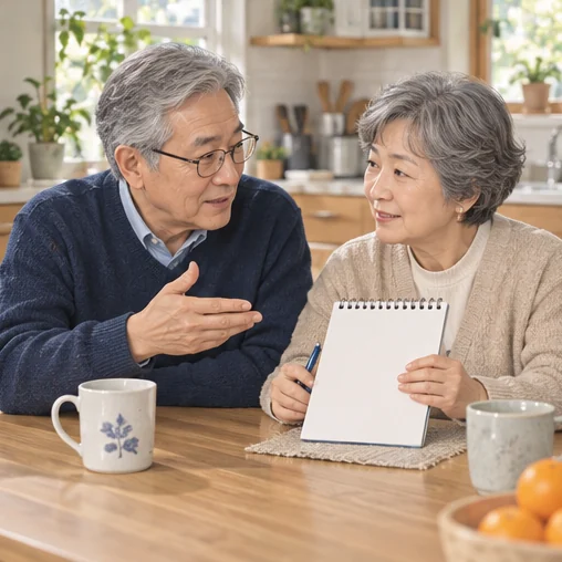 노년 부부가 건강 질문을 메모하며 이야기하는 장면 (AI 설명용 삽화)