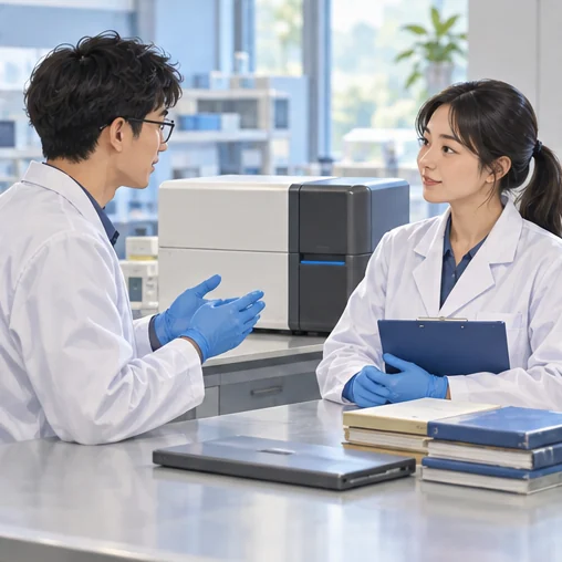 두 연구자가 분석 장비 옆에서 의견을 나누는 장면 (AI 설명용 삽화)