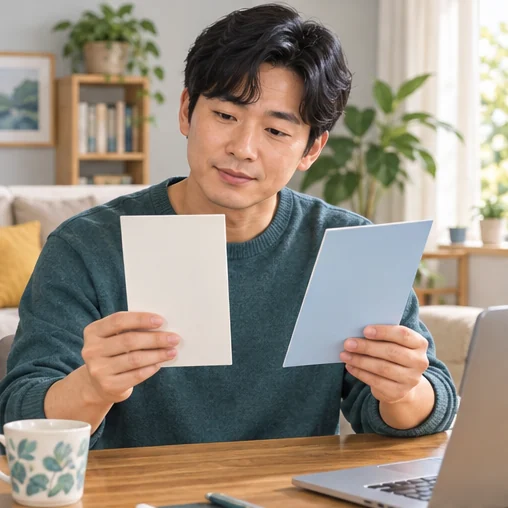 집에서 두 안내 자료를 나란히 살펴보는 장면 (AI 설명용 삽화)