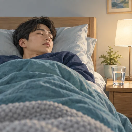 물컵을 머리맡에 두고 침대에서 쉬는 장면 (AI 설명용 삽화)