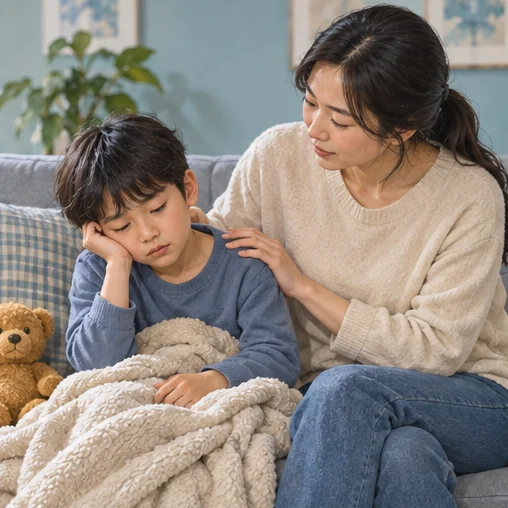 부모가 소파에서 쉬는 아이의 상태를 살피는 장면 (AI 설명용 삽화)