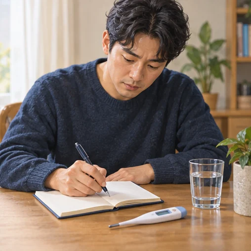 체온계와 물을 곁에 두고 증상 메모를 작성하는 장면 (AI 설명용 삽화)
