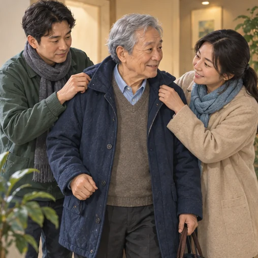 가족이 고령자의 외투를 챙겨 진료 방문을 돕는 장면 (AI 설명용 삽화)