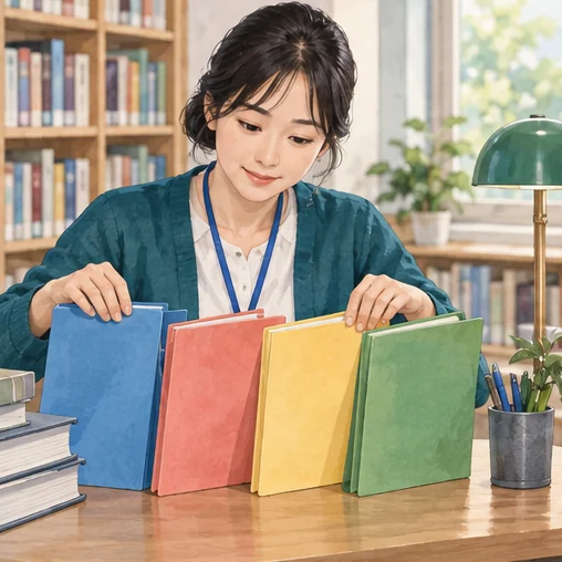 네 가지 색의 자료철을 정리하며 큰 분류를 살피는 장면. (AI 설명용 삽화)