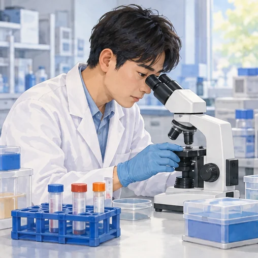 현미경과 밀봉 검체를 활용하는 연구 장면. (AI 설명용 삽화)
