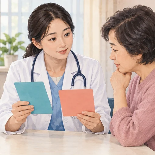 두 자료를 비교하며 분류 설명을 듣는 상담 장면. (AI 설명용 삽화)