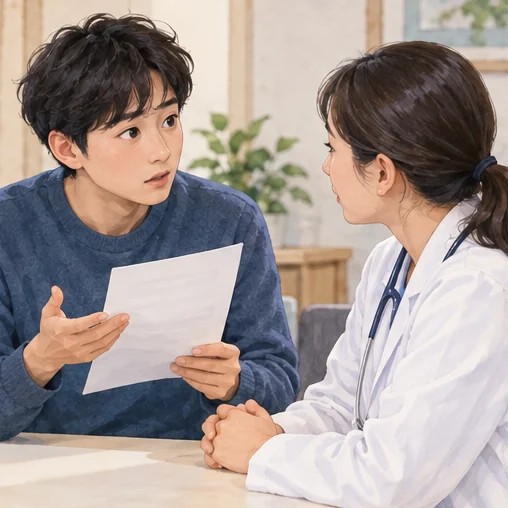 검사 보고서의 의미를 의료진에게 묻는 장면. (AI 설명용 삽화)