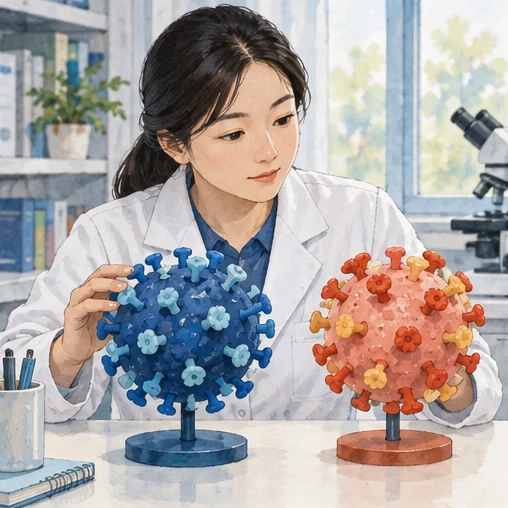 서로 다른 개념 모형을 비교하는 연구 장면. 실제 바이러스 구조 사진이 아닙니다. (AI 설명용 삽화)