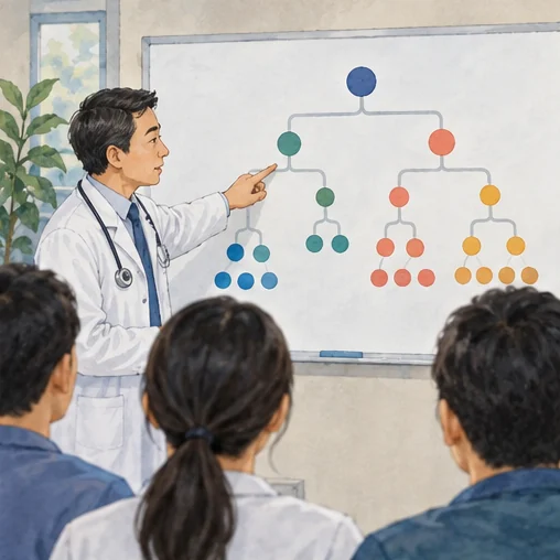 가지로 나뉘는 분류 개념을 설명하는 장면. (AI 설명용 삽화)