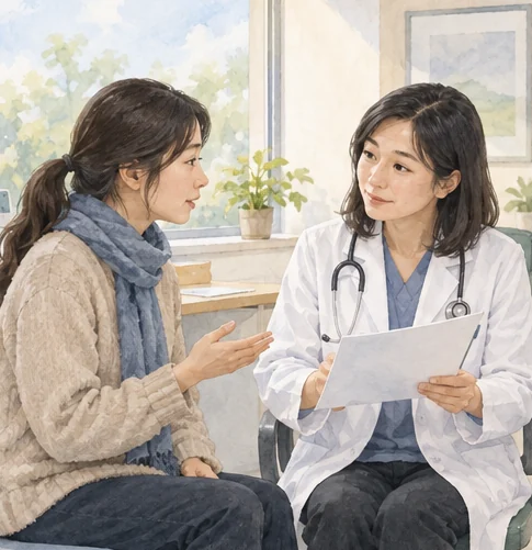 진료실에서 검사 결과의 설명을 듣는 장면. (AI 설명용 삽화)