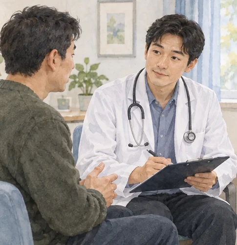 증상과 경과를 의료진에게 전달하는 장면. (AI 설명용 삽화)