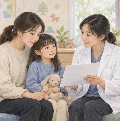 보호자와 아이가 검사 설명을 듣는 장면. (AI 설명용 삽화)