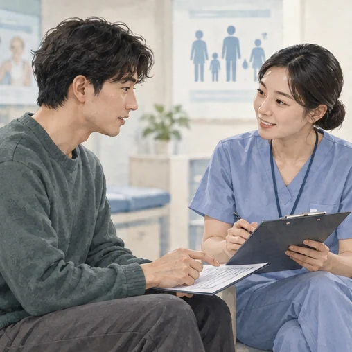 접종 이력과 필요한 방문을 상담하는 장면. (AI 설명용 삽화)