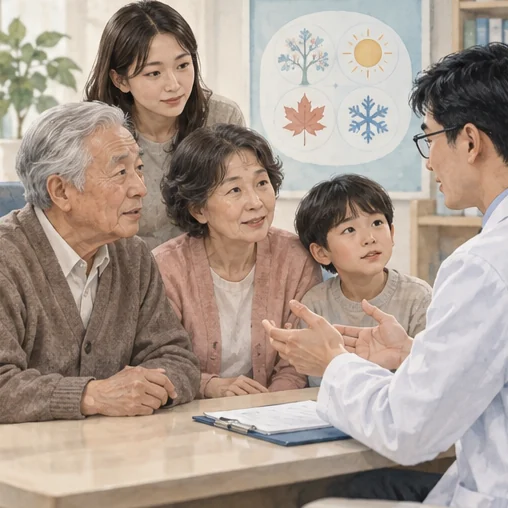 고령자와 가족이 예방 방법을 상담하는 장면. (AI 설명용 삽화)