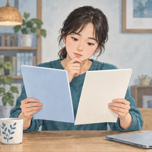 서로 다른 건강 자료를 비교하며 읽는 장면. (AI 설명용 삽화)