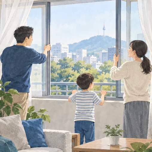 가족이 창문을 열어 실내 공기를 바꾸는 장면. (AI 설명용 삽화)