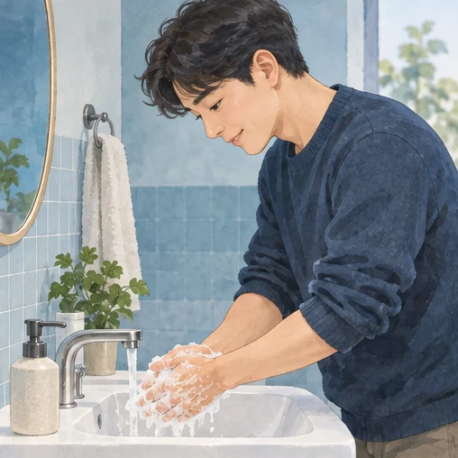 비누와 물로 손을 씻는 일상 예방 장면. (AI 설명용 삽화)