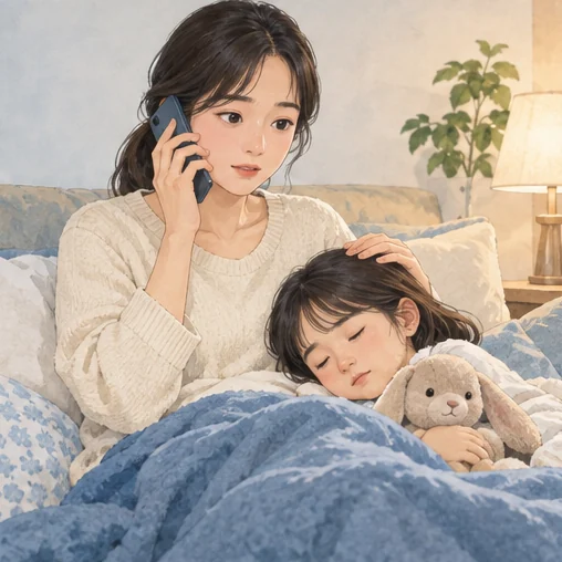 아이의 상태를 살피며 의료기관에 전화로 문의하는 장면. (AI 설명용 삽화)