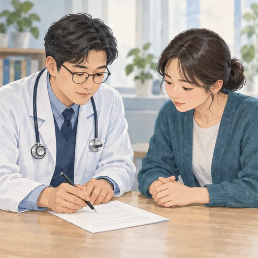 현재 상태와 다음 행동을 의료진과 기록하는 장면. (AI 설명용 삽화)