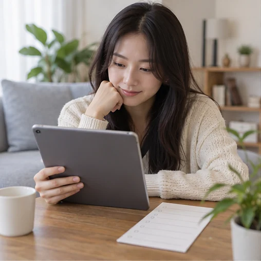 태블릿과 확인표로 구매 후보를 살펴보는 장면 (AI 설명용 삽화)