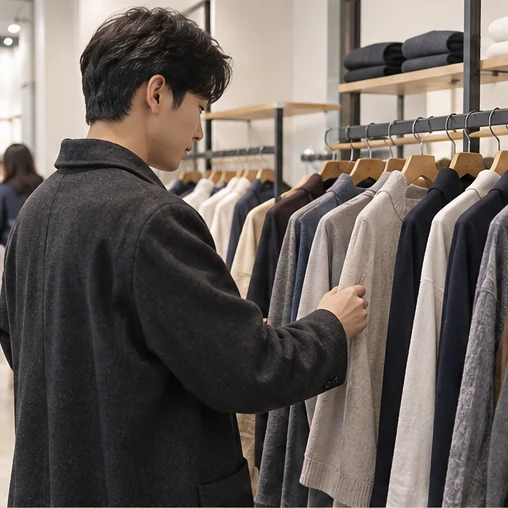 의류 매장에서 옷걸이의 상품을 살펴보는 장면 (AI 설명용 삽화)