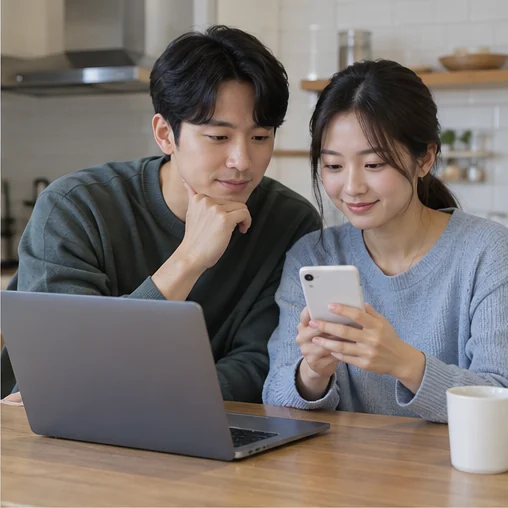 노트북과 휴대전화의 정보를 함께 확인하는 장면 (AI 설명용 삽화)