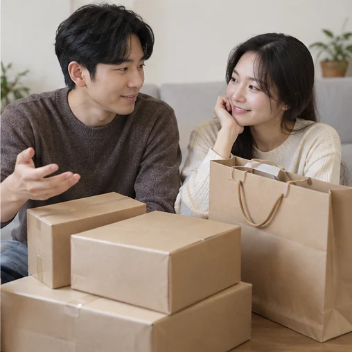 집에서 쇼핑 상자에 관해 이야기하는 두 사람 (AI 설명용 삽화)