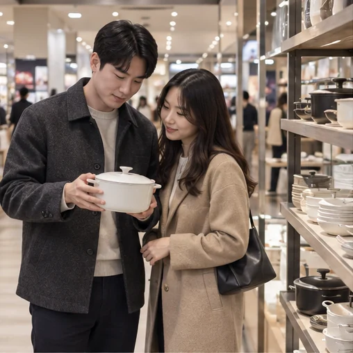 생활용품 매장에서 그릇을 살펴보는 두 사람 (AI 설명용 삽화)