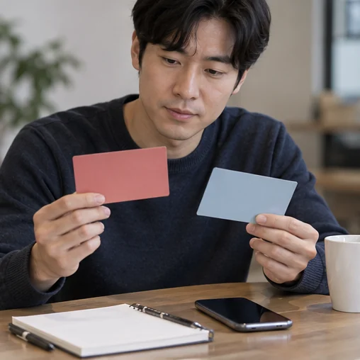 무표기 카드 두 장을 비교하는 장면 (AI 설명용 삽화)