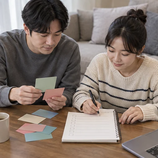 여러 무표기 카드와 확인표를 함께 검토하는 장면 (AI 설명용 삽화)