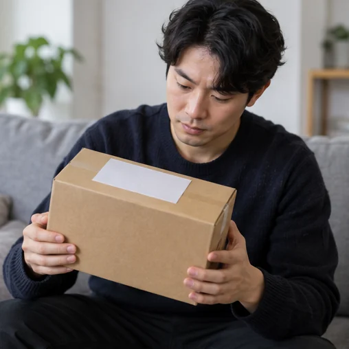 상자의 표면과 무표기 배송표를 살펴보는 장면 (AI 설명용 삽화)