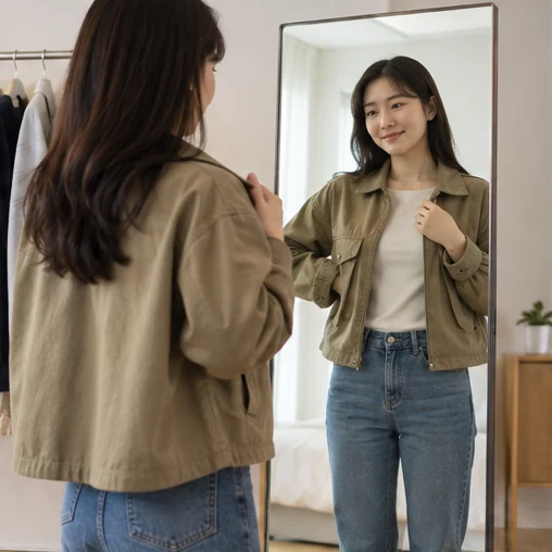거울 앞에서 재킷의 맞음새를 확인하는 장면 (AI 설명용 삽화)