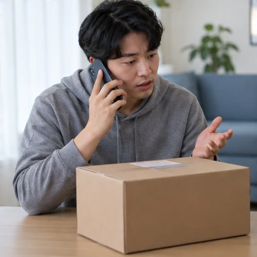 상자 옆에서 전화로 문의하는 장면 (AI 설명용 삽화)