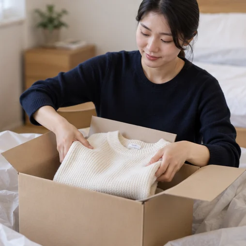 옷을 상자 안에 다시 정리하는 장면 (AI 설명용 삽화)