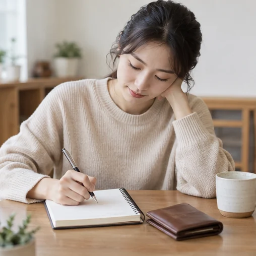 지갑 옆에서 구매 예산을 노트에 적는 장면 (AI 설명용 삽화)