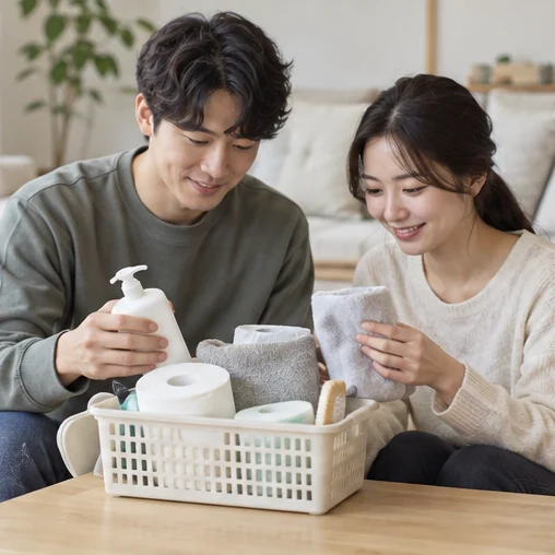 생활에 필요한 물품을 바구니에 정리하는 두 사람 (AI 설명용 삽화)