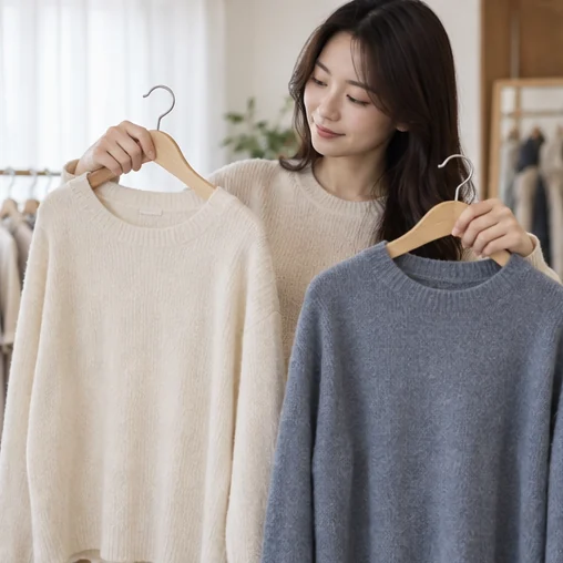 두 벌의 옷을 비교하며 구매를 생각하는 장면 (AI 설명용 삽화)