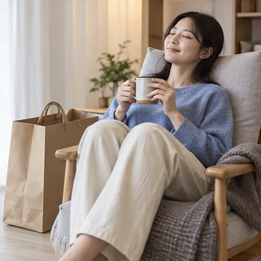 쇼핑 가방 옆에서 차를 마시며 쉬는 장면 (AI 설명용 삽화)