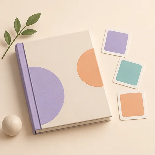 닫힌 디자인 책자와 색상 견본 (AI 설명용 삽화)