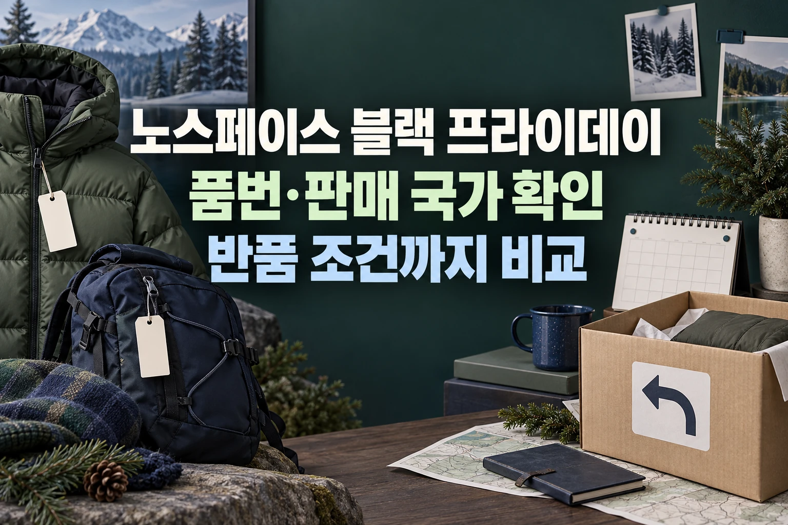 노스페이스 블랙 프라이데이에서 품번과 판매 국가, 반품 조건을 비교하는 한글 대표 이미지 (AI 설명용 썸네일)