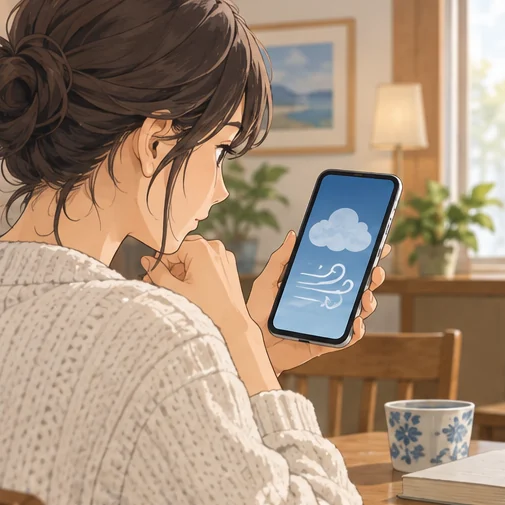 휴대전화의 구름·바람 그림을 확인하는 장면 (AI 설명용 삽화)