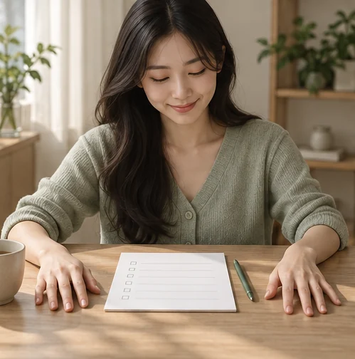 두 손을 책상에 놓고 구매 목록을 확인하는 가상의 독자 (AI 설명용 삽화)