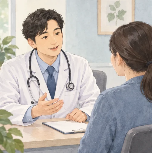새로 생긴 증상을 의료진에게 설명하는 상담 (AI 설명용 삽화)