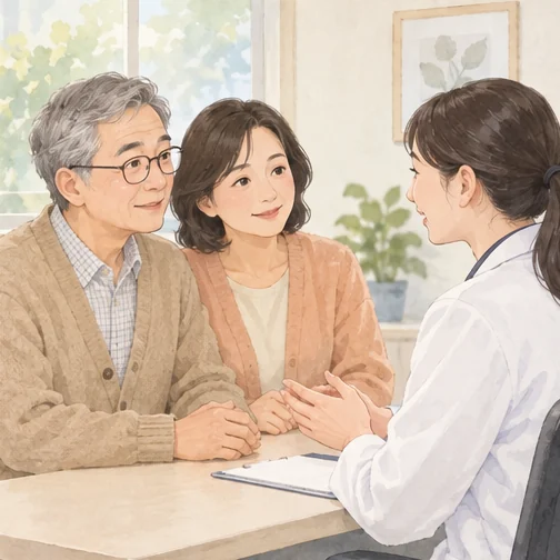 고령자의 상태를 함께 확인하는 가족과 의료진 (AI 설명용 삽화)