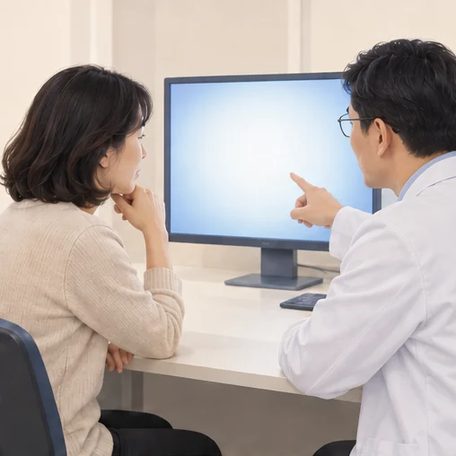 검사 설명을 듣는 환자와 의료진 (AI 설명용 삽화)