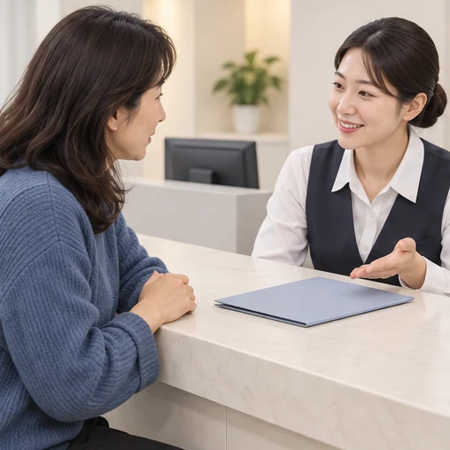 진료·검사 절차를 문의하는 접수 상담 (AI 설명용 삽화)