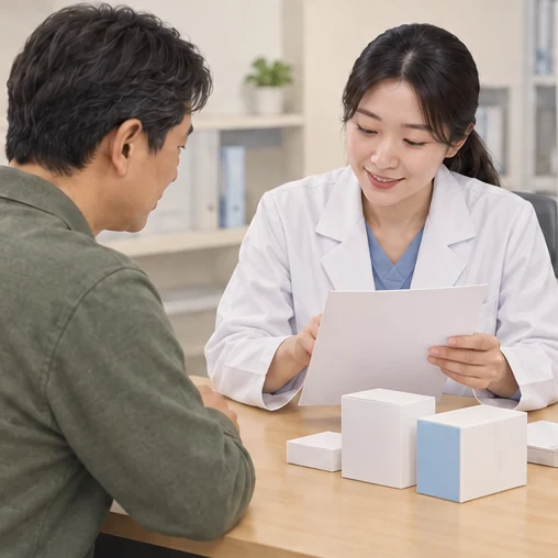 기존 복용 약과 진료 정보를 확인하는 상담 (AI 설명용 삽화)